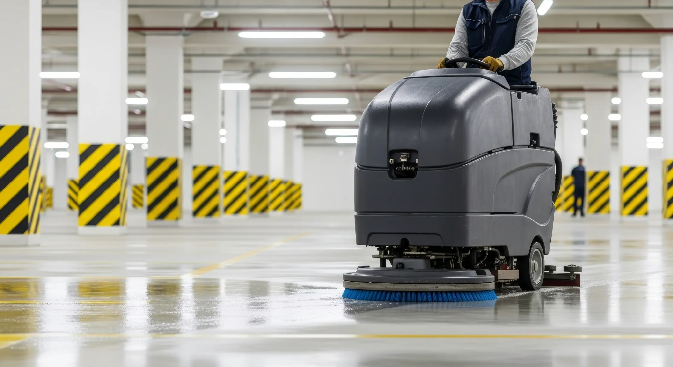 Ride-on scrubber-dryer in operation