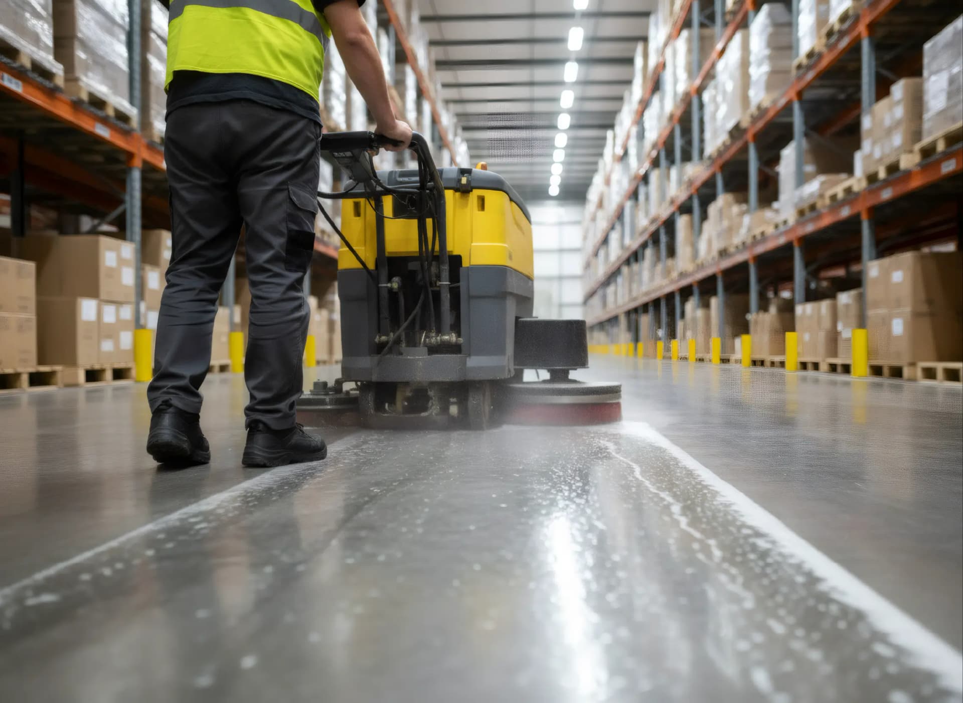 Scrubber-dryer in a warehouse